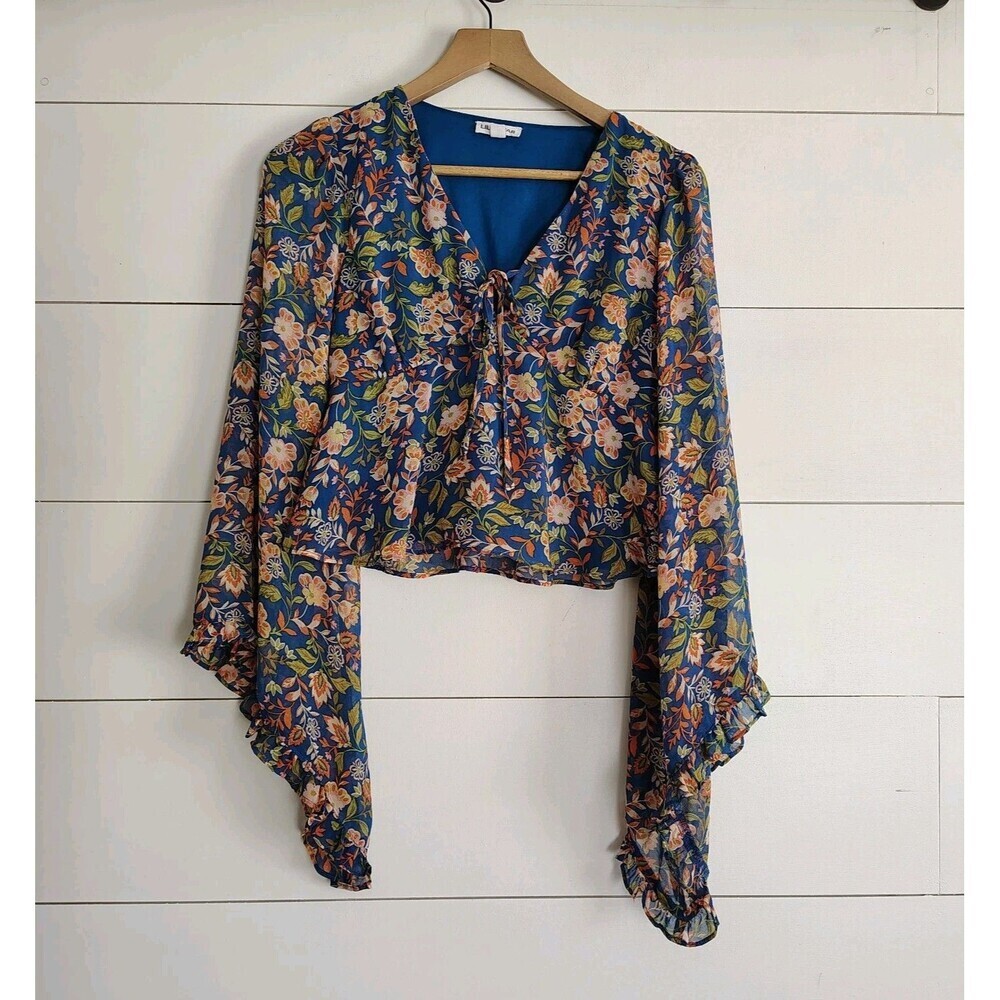Lily Star Womens Boho Floral Crop Top S Blue Bell Sleeve Festival Hippie